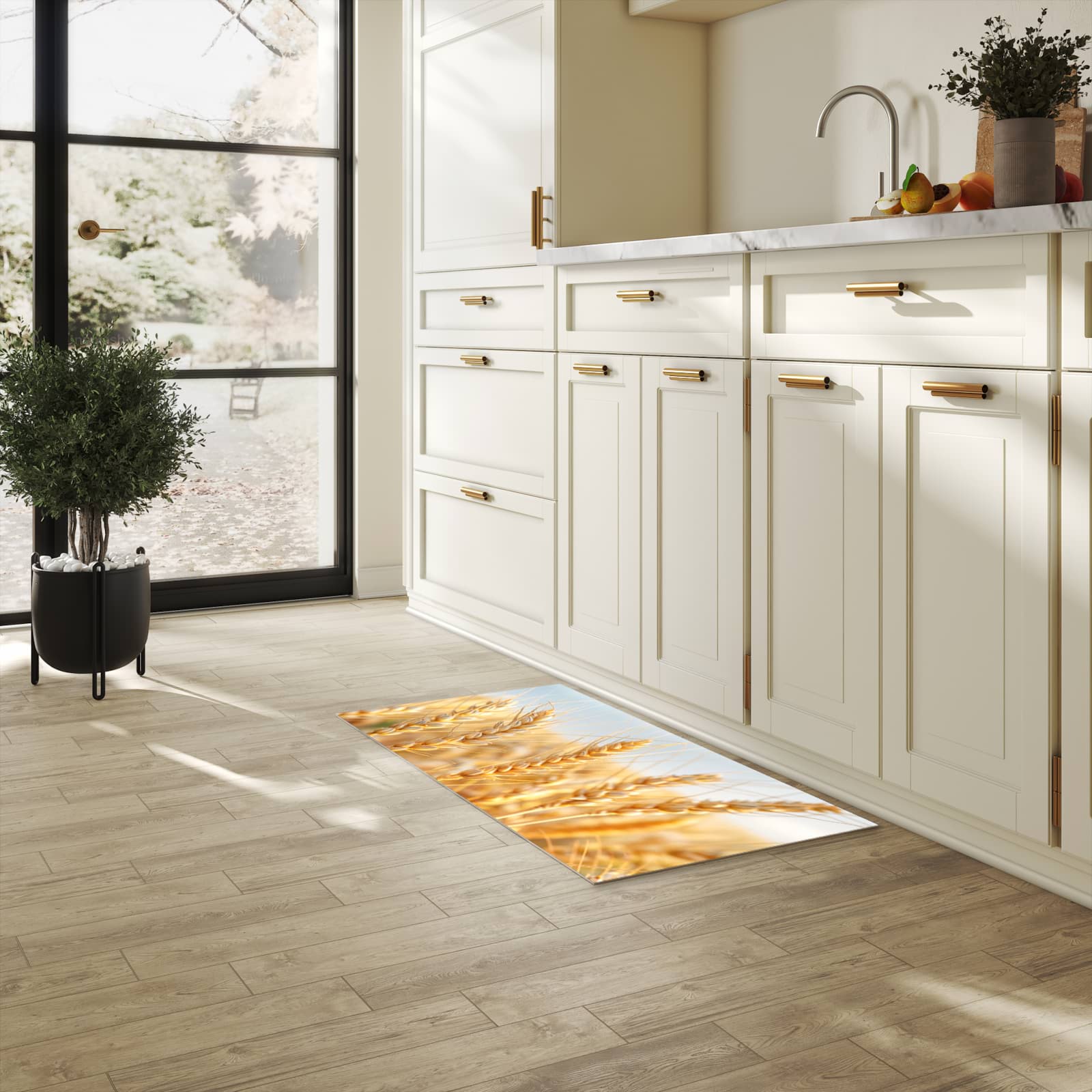 Zeitsparender waschbarer Küchenteppich mit Motiv Weizenfeld in heller Küche