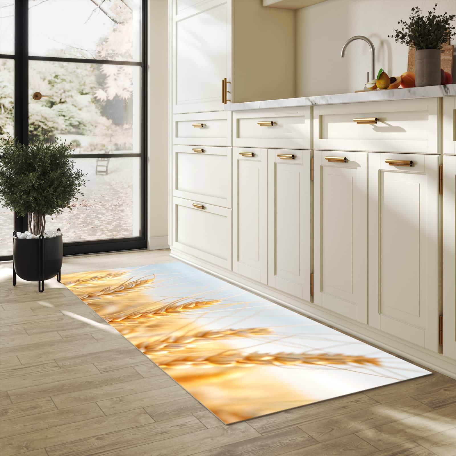 Komfortabler Teppich fürs Esszimmer mit Motiv Weizenfeld in heller Küche, waschbar