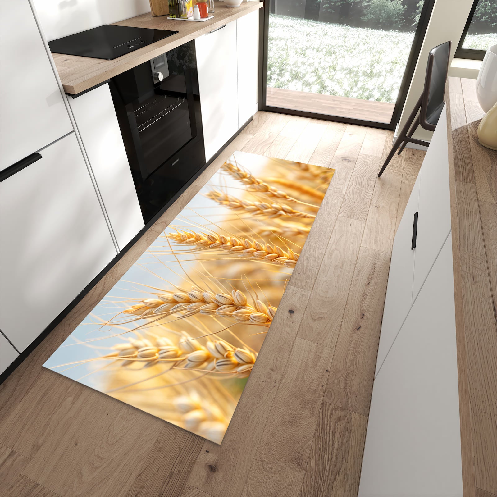Hygienischer rutschfester Küchenteppich mit Motiv Weizenfeld in moderner Küche