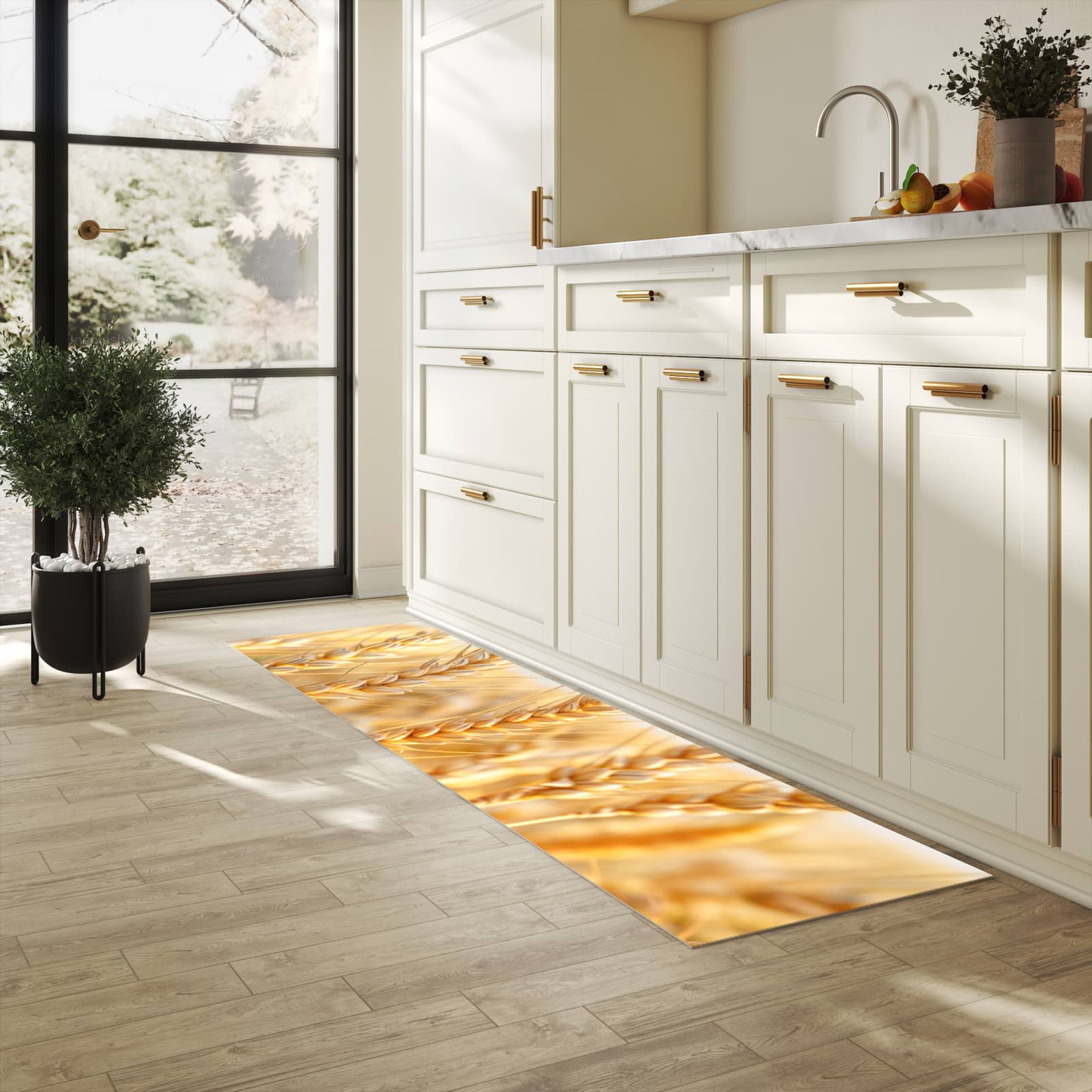 UV-beständiger Teppichläufer mit Motiv Weizenfeld in heller Küche
