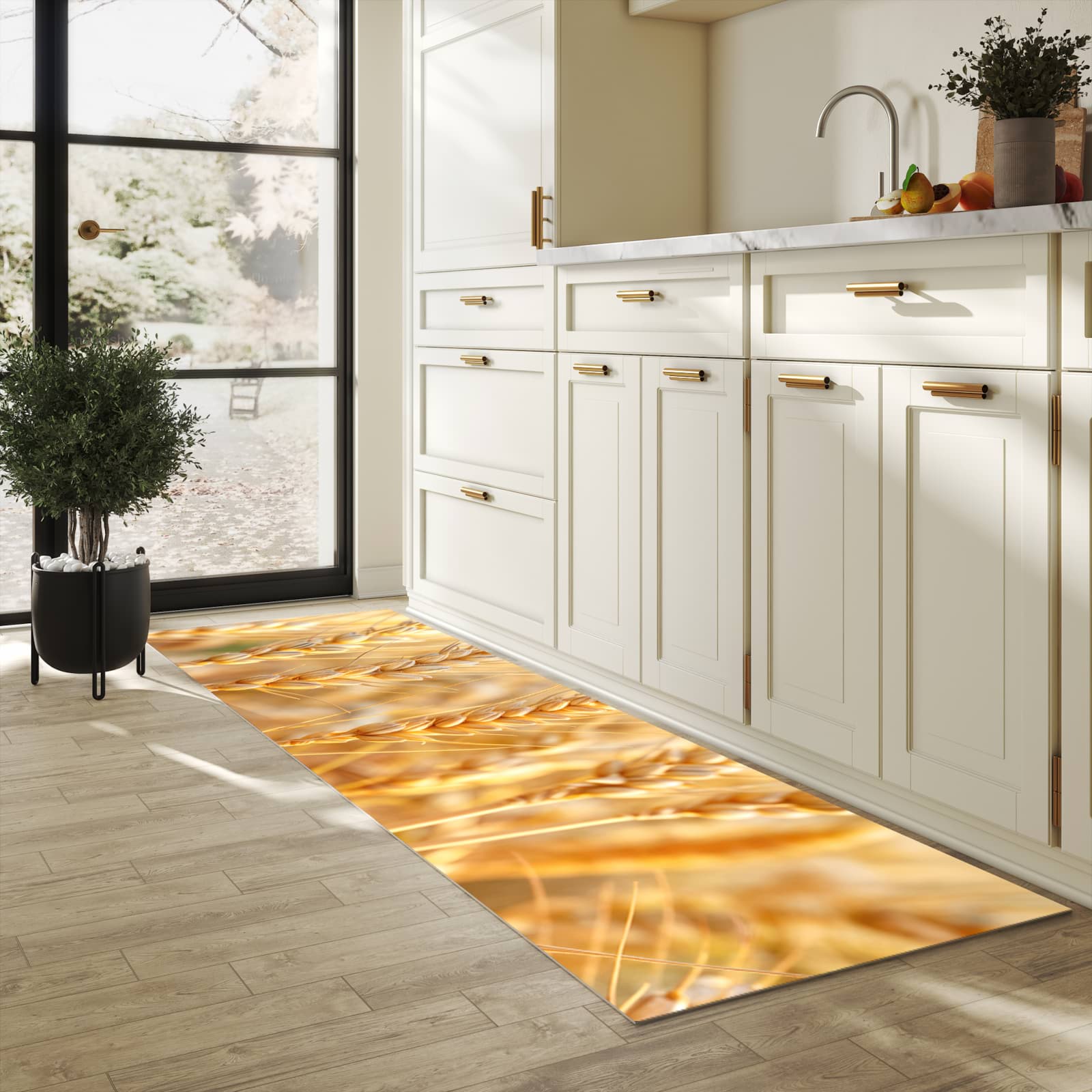 Langlebiger dünner Küchenteppich mit Motiv Weizenfeld in heller Küche