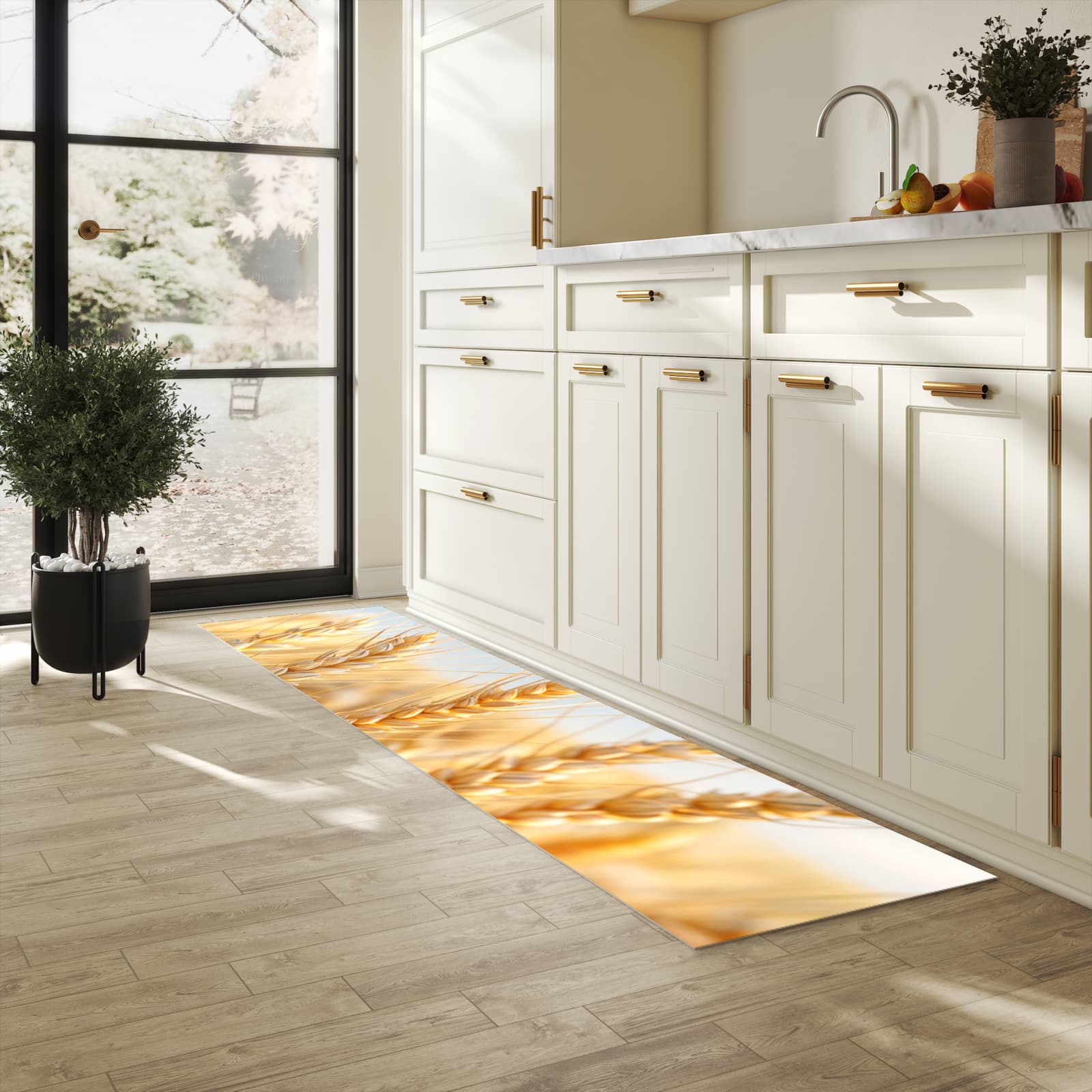 Waschbarer Küchenläufer mit Motiv Weizenfeld für Trittkomfort in heller Küche