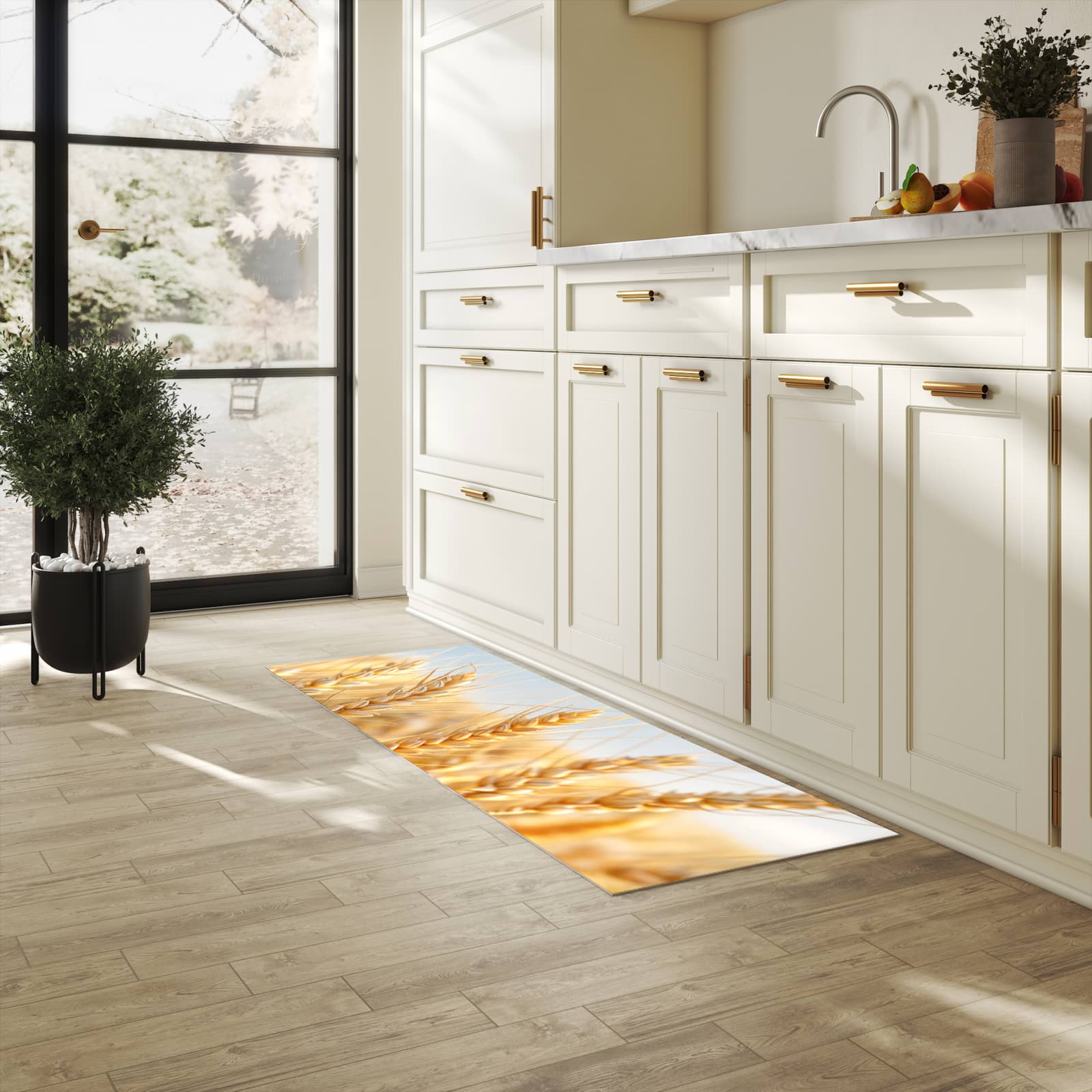 Abriebfester Küchenläufer mit Motiv Weizenfeld in heller Küche