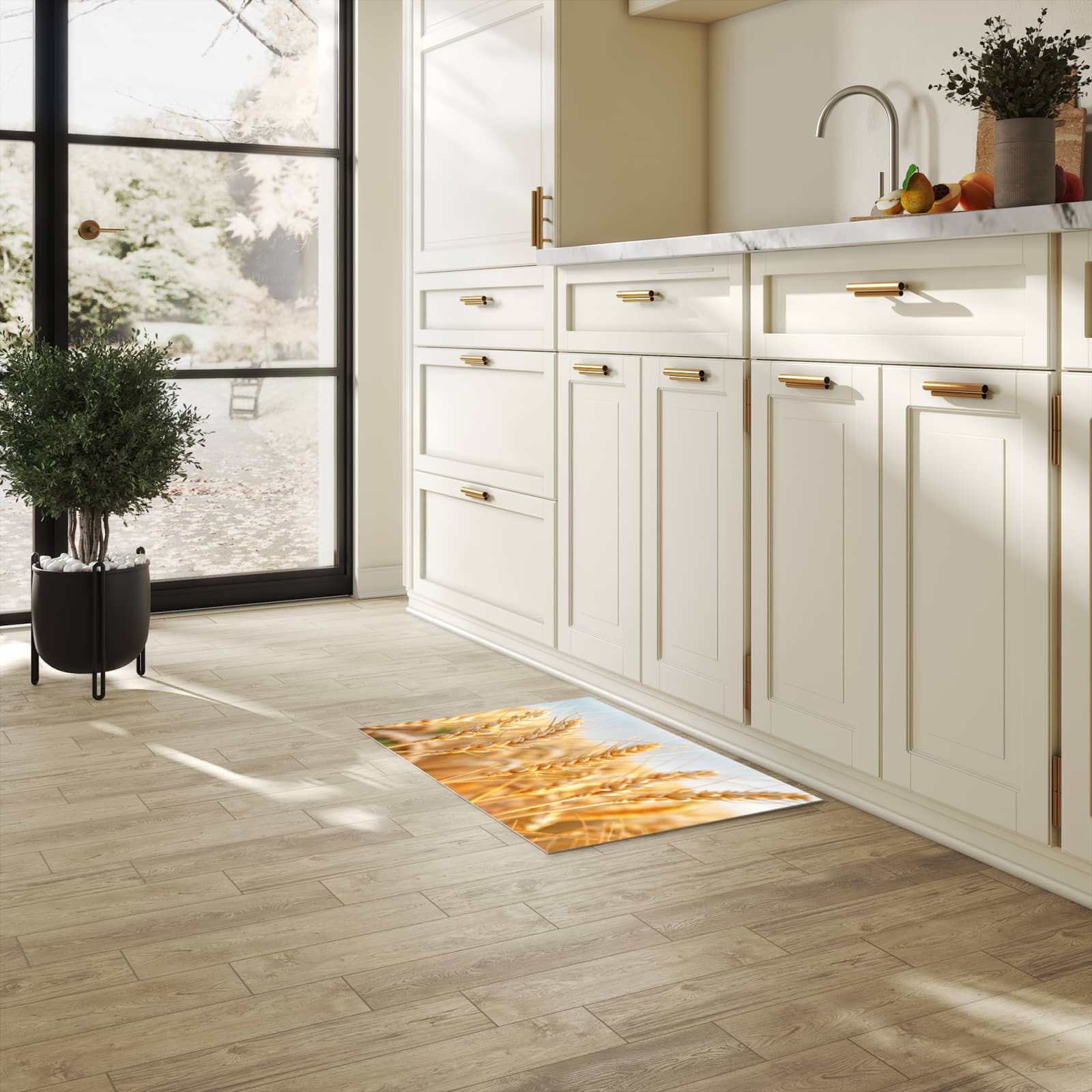 Fleckenresistenter langer Teppich mit Motiv Weizenfeld in heller Küche