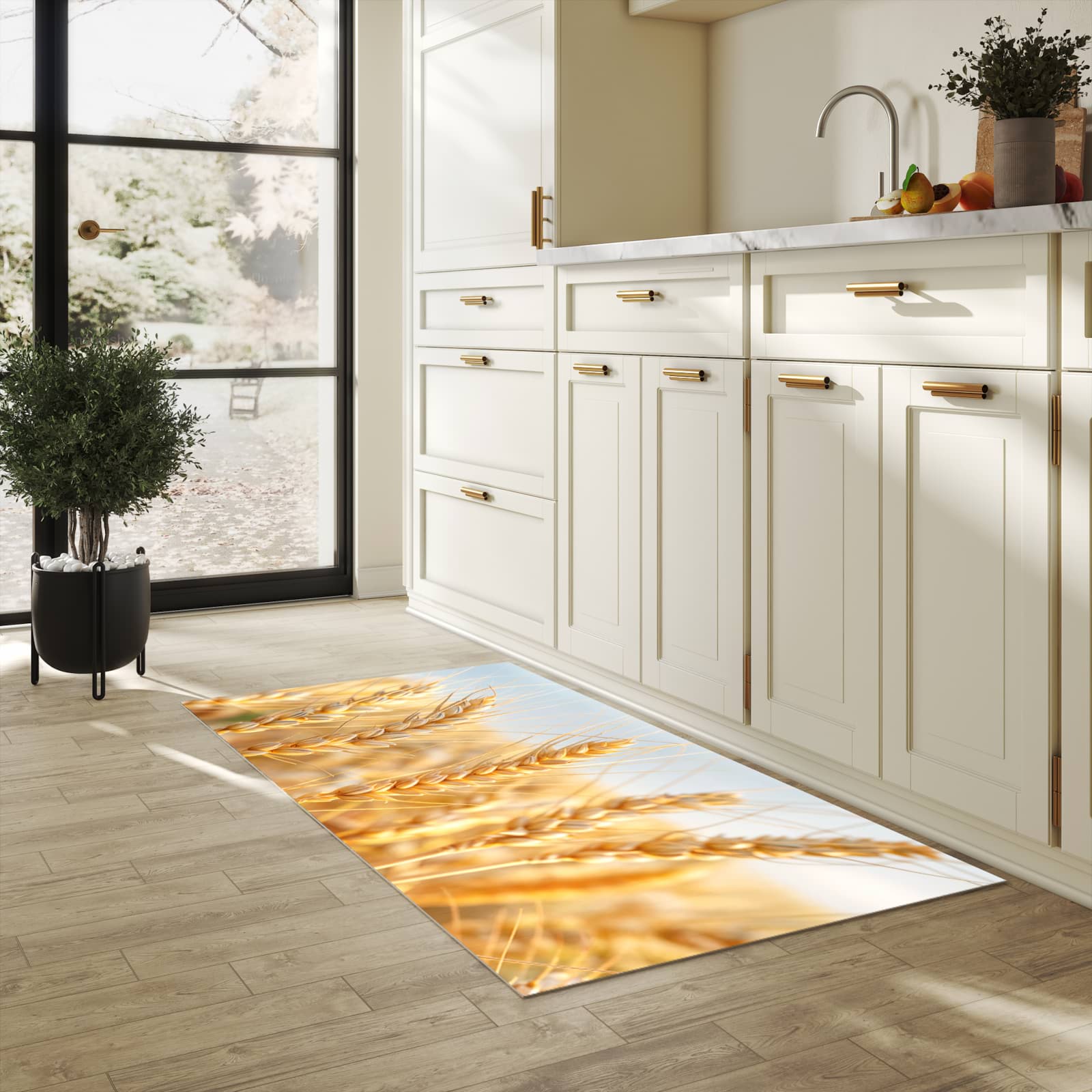 Pflegeleichter dünner Küchenteppich mit Motiv Weizenfeld in heller Küche