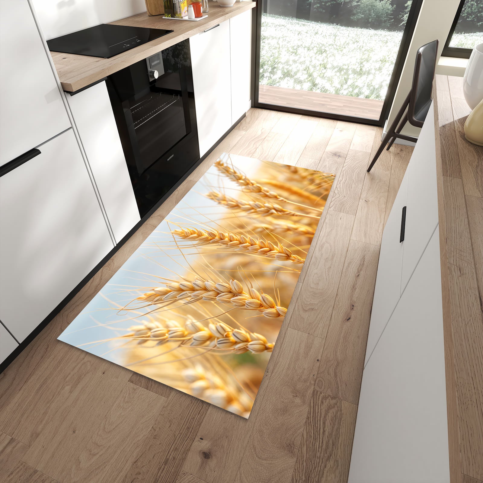 Rutschfester großer Küchenteppich mit Motiv Weizenfeld in moderner Küche