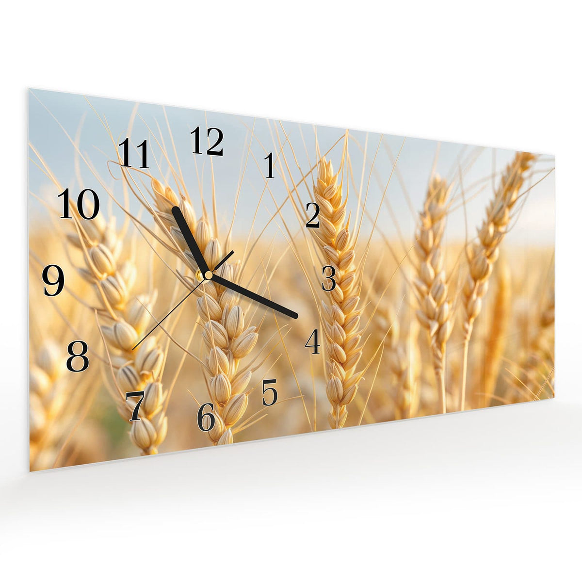 Vormontiert – mit Schwebeeffekt – Wanduhr Weizenfeld aus Glas – Querformat 60 × 30 cm
