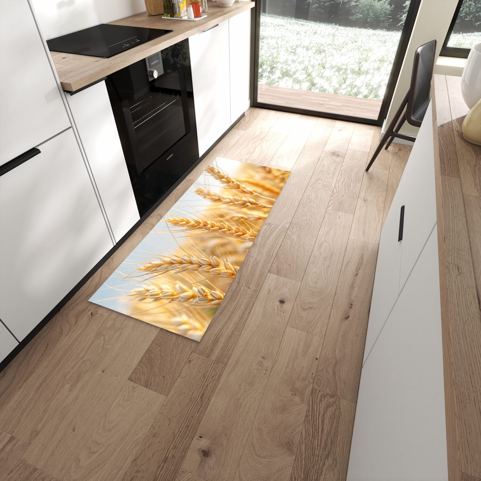 Geruchsneutraler Teppich in Küche mit Motiv Weizenfeld in moderner Küche #grösse_60 x 150 cm