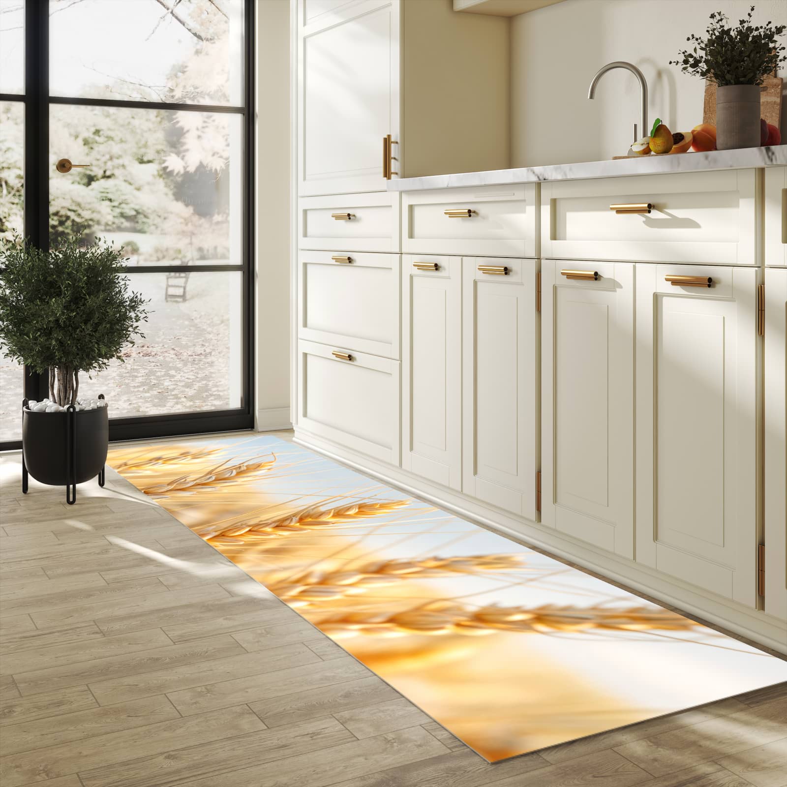 Flacher rutschfester Küchenteppich mit Motiv Weizenfeld in heller Küche
