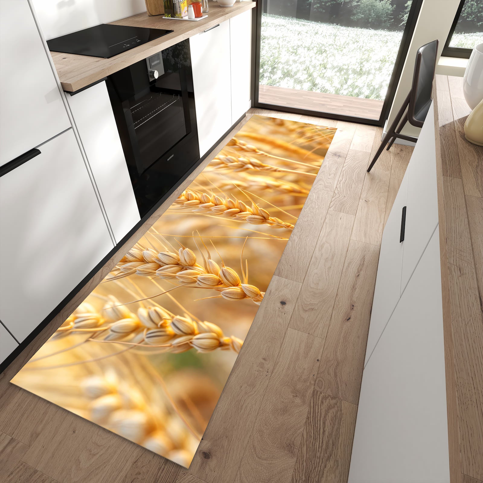 Waschbarer Küchenteppich mit Motiv Weizenfeld in moderner Küche