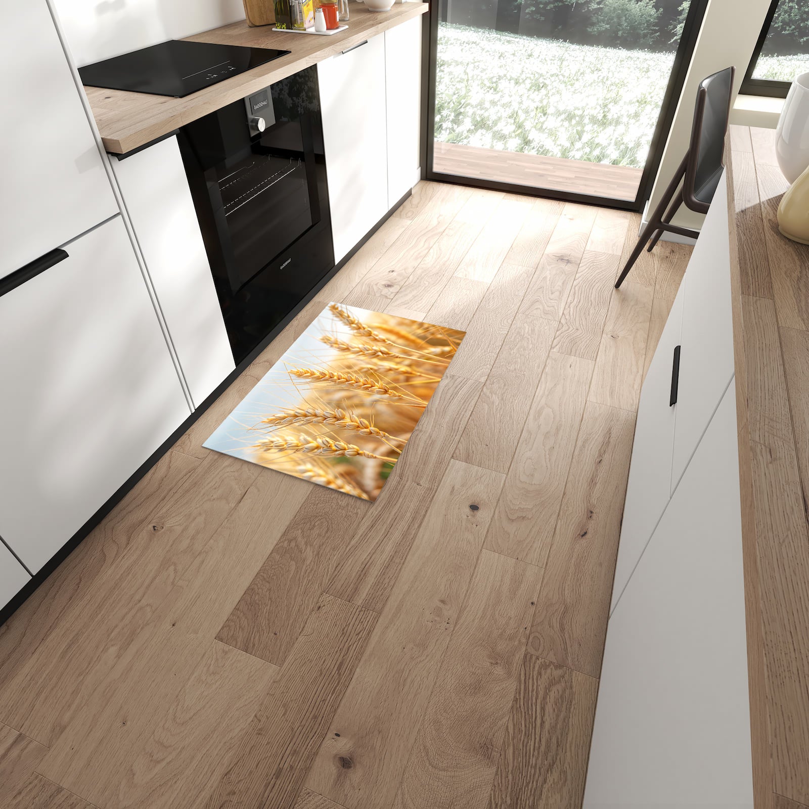 Komfortabler Küchenteppich mit Motiv Weizenfeld in moderner Küche