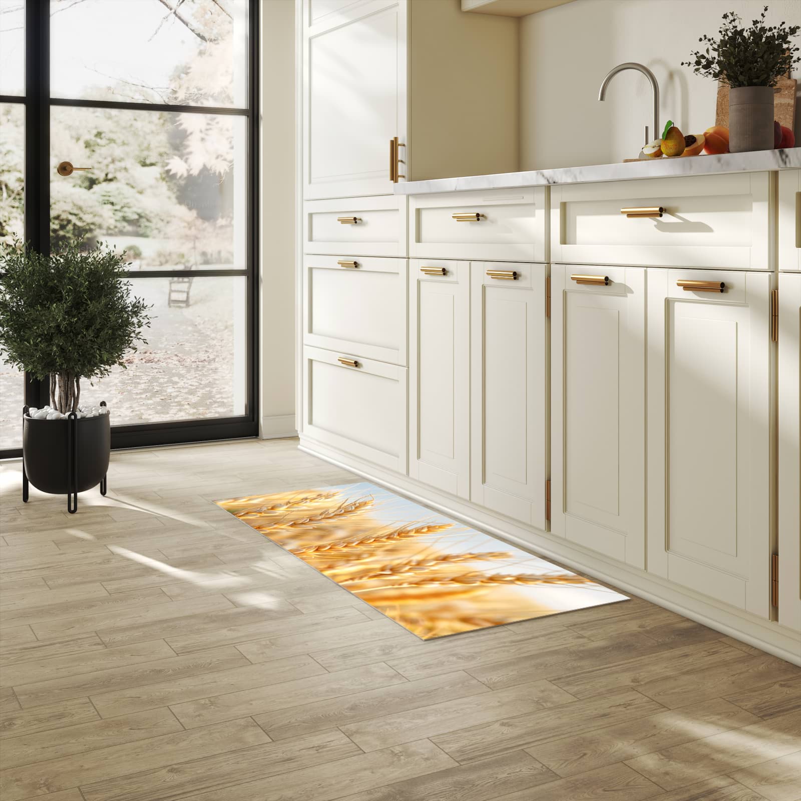 Geräuschdämpfender Küchenläufer mit Motiv Weizenfeld in heller Küche