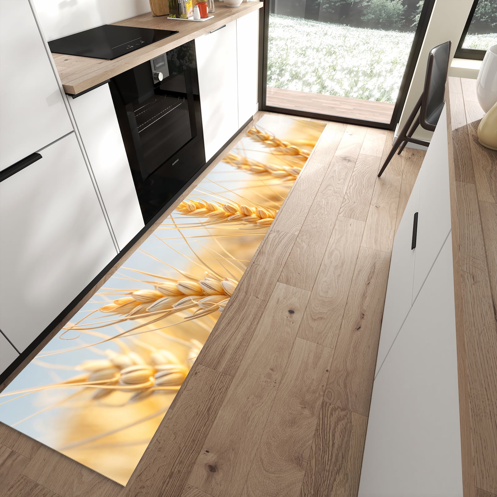 Waschbarer Küchenteppich mit Motiv Weizenfeld in moderner Küche