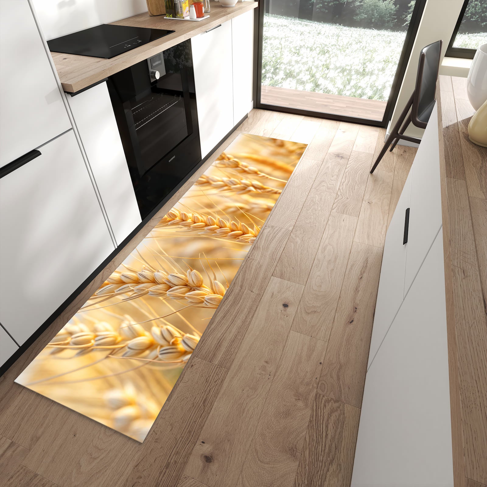 Flacher Küchenläufer mit Motiv Weizenfeld in moderner Küche