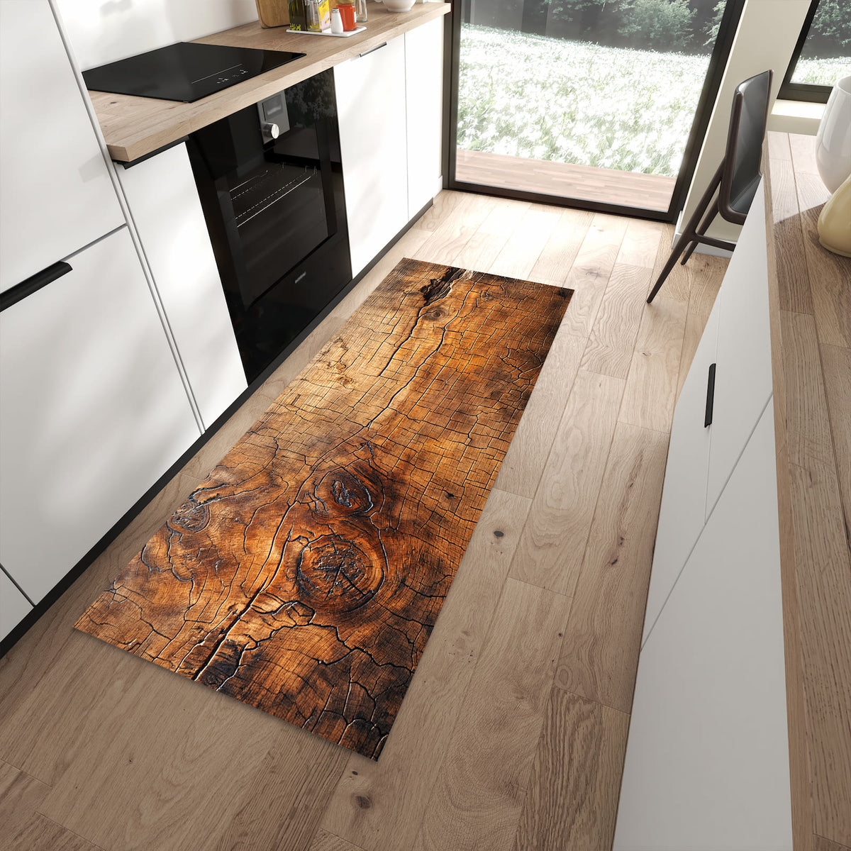 Geräuschdämpfender Küchenteppich mit Motiv Vintage Holzmaserung in moderner Küche
