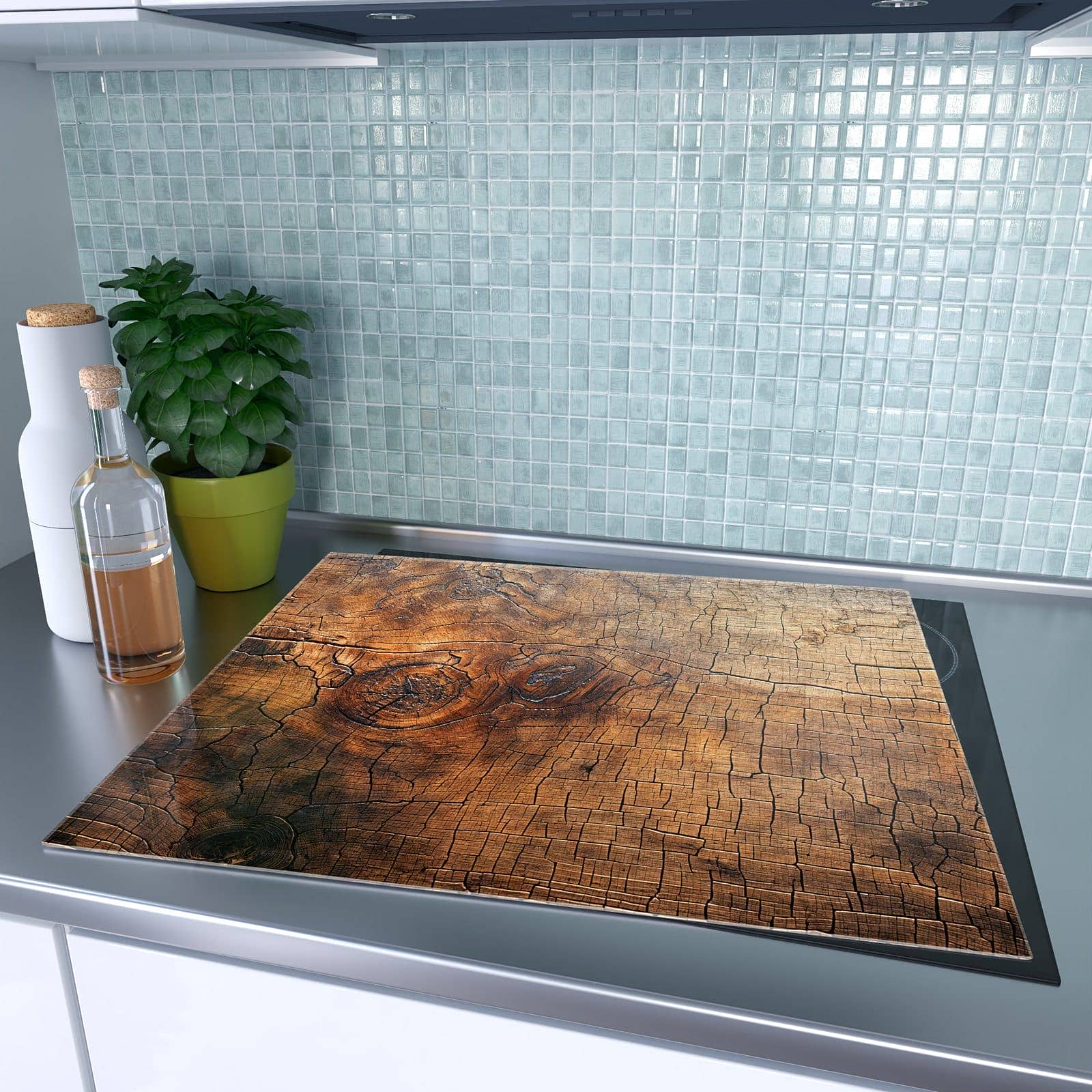 1-teilige Ceranfeld Abdeckplatten mit Vintage Holzmaserung-Motiv auf dem Ceranfeld