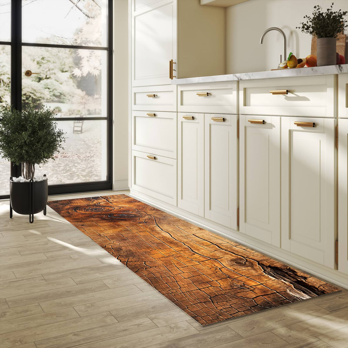 Bodenschonender Läufer für die Küche mit Motiv Vintage Holzmaserung in heller Küche