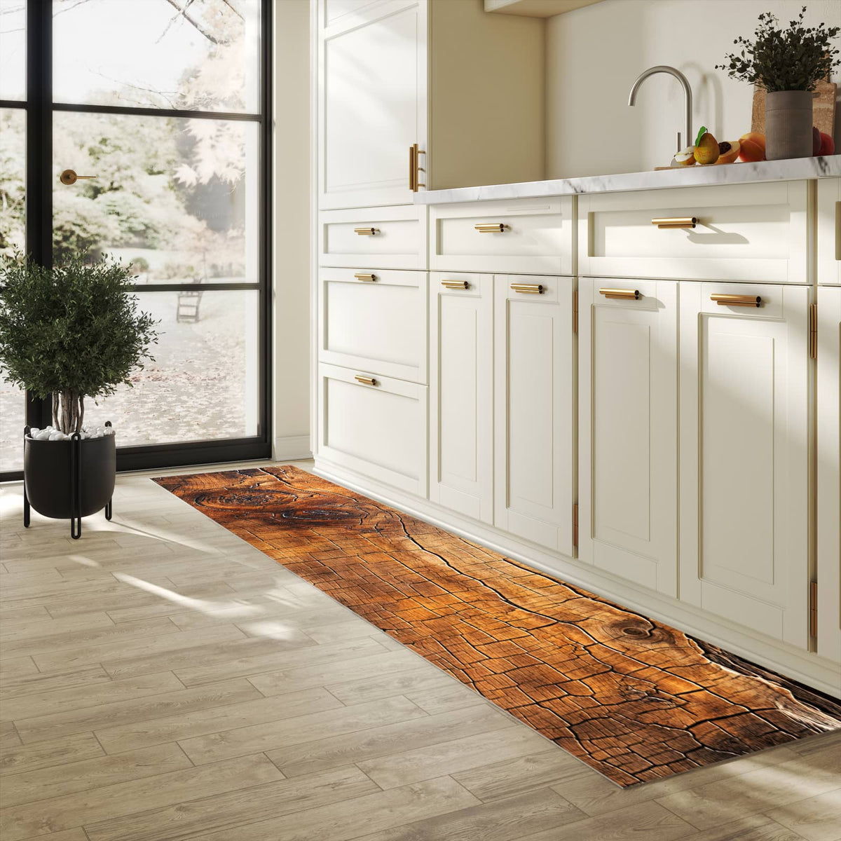 Rutschfester Küchenteppich mit Motiv Vintage Holzmaserung in heller Küche