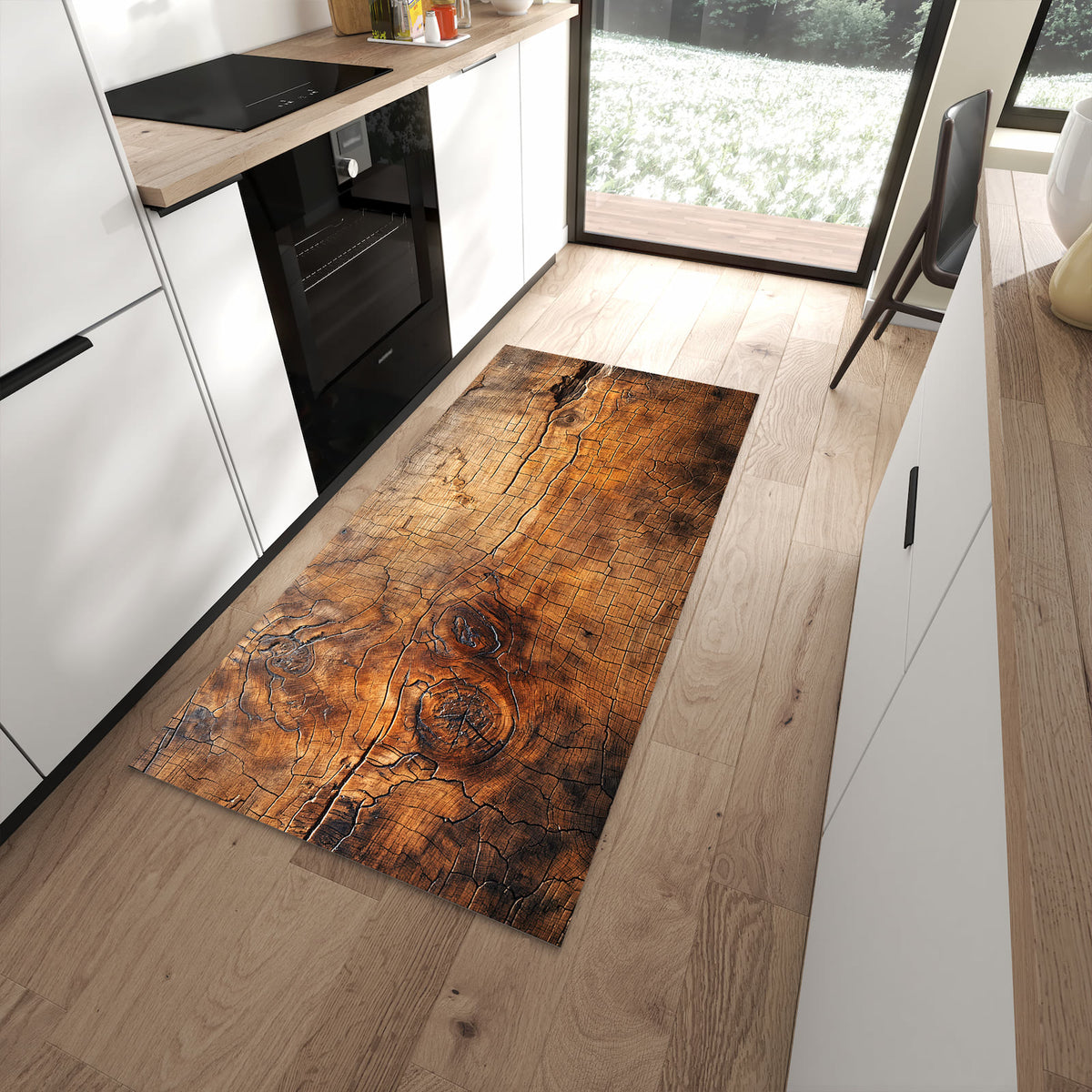Wasserabweisender Teppich für die Küche mit Motiv Vintage Holzmaserung in moderner Küche