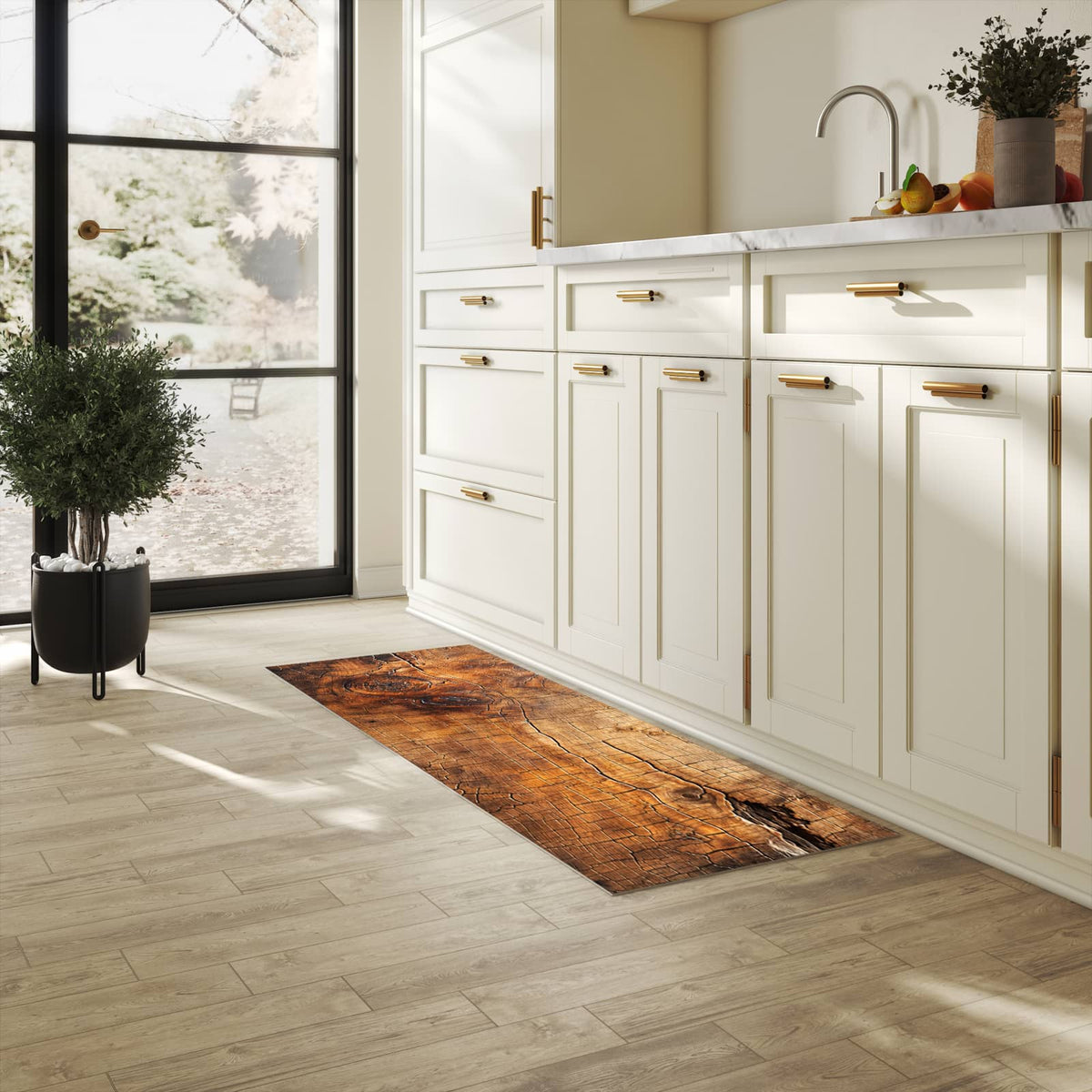Strapazierfähiger Küchenteppich mit Motiv Vintage Holzmaserung in heller Küche