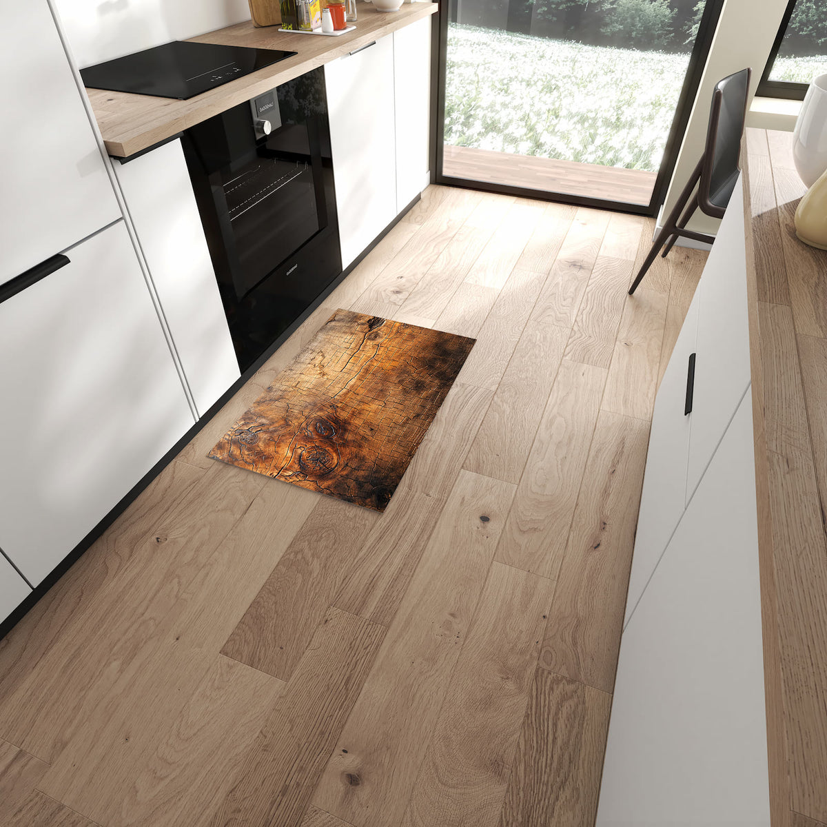 Zeitsparender abwaschbarer Küchenteppich mit Motiv Vintage Holzmaserung in moderner Küche