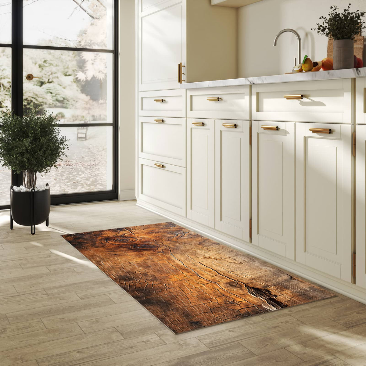 Formstabiler Küchenläufer mit Motiv Vintage Holzmaserung in heller Küche