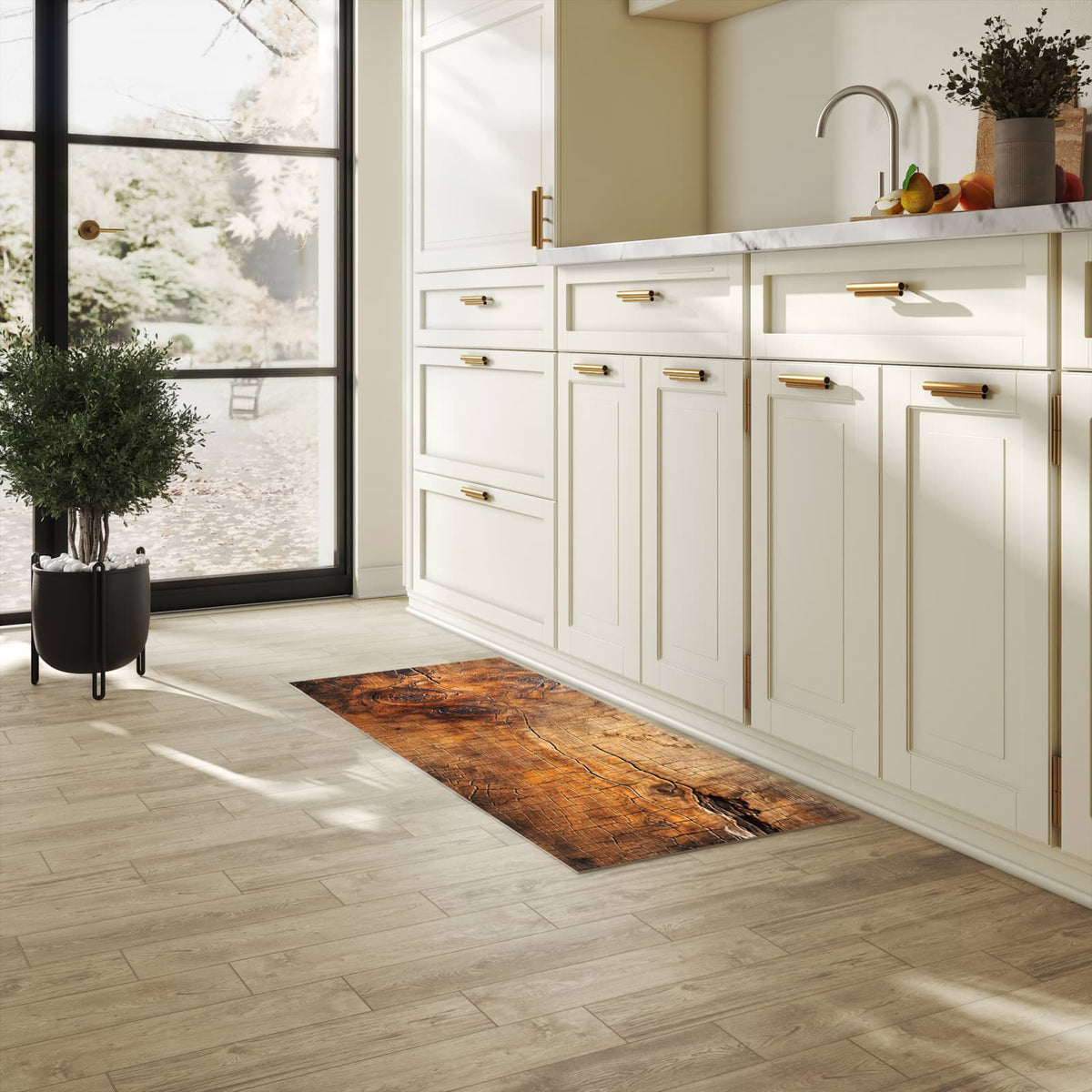 Hygienischer Küchenteppich mit Motiv Vintage Holzmaserung in heller Küche