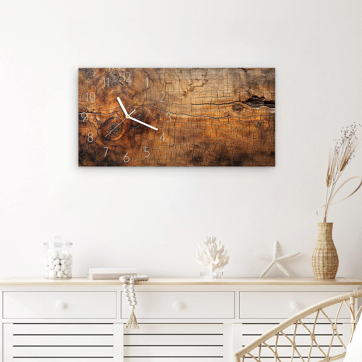 Wanduhr Vintage Holzmaserung aus Glas – Querformat 60 × 30 cm – Warme Holzmaserung in Nahaufnahme