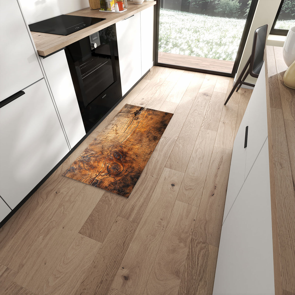 Bodenschonender rutschfester Küchenläufer mit Motiv Vintage Holzmaserung in moderner Küche #grösse_60 x 120 cm