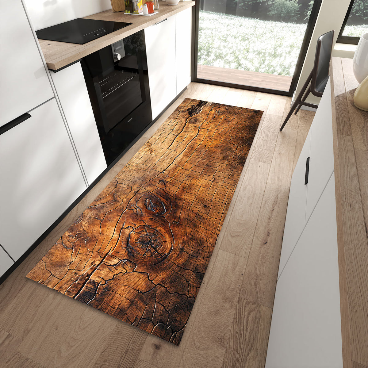 Fleckenresistenter Küchenteppich mit Motiv Vintage Holzmaserung in moderner Küche
