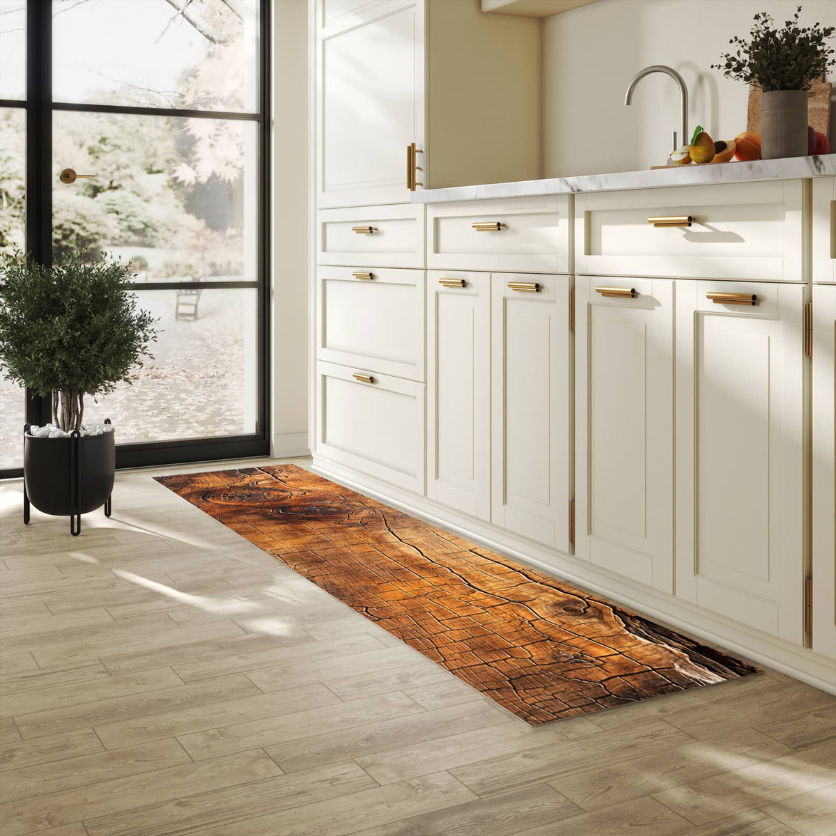 Langlebiger Teppich für die Küche mit Motiv Vintage Holzmaserung in heller Küche