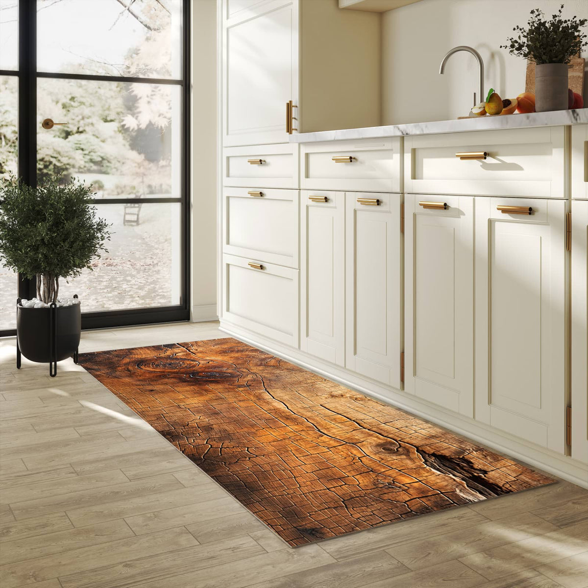 Küchenvorleger mit Motiv Vintage Holzmaserung in heller Küche für sichere Aufbewahrung