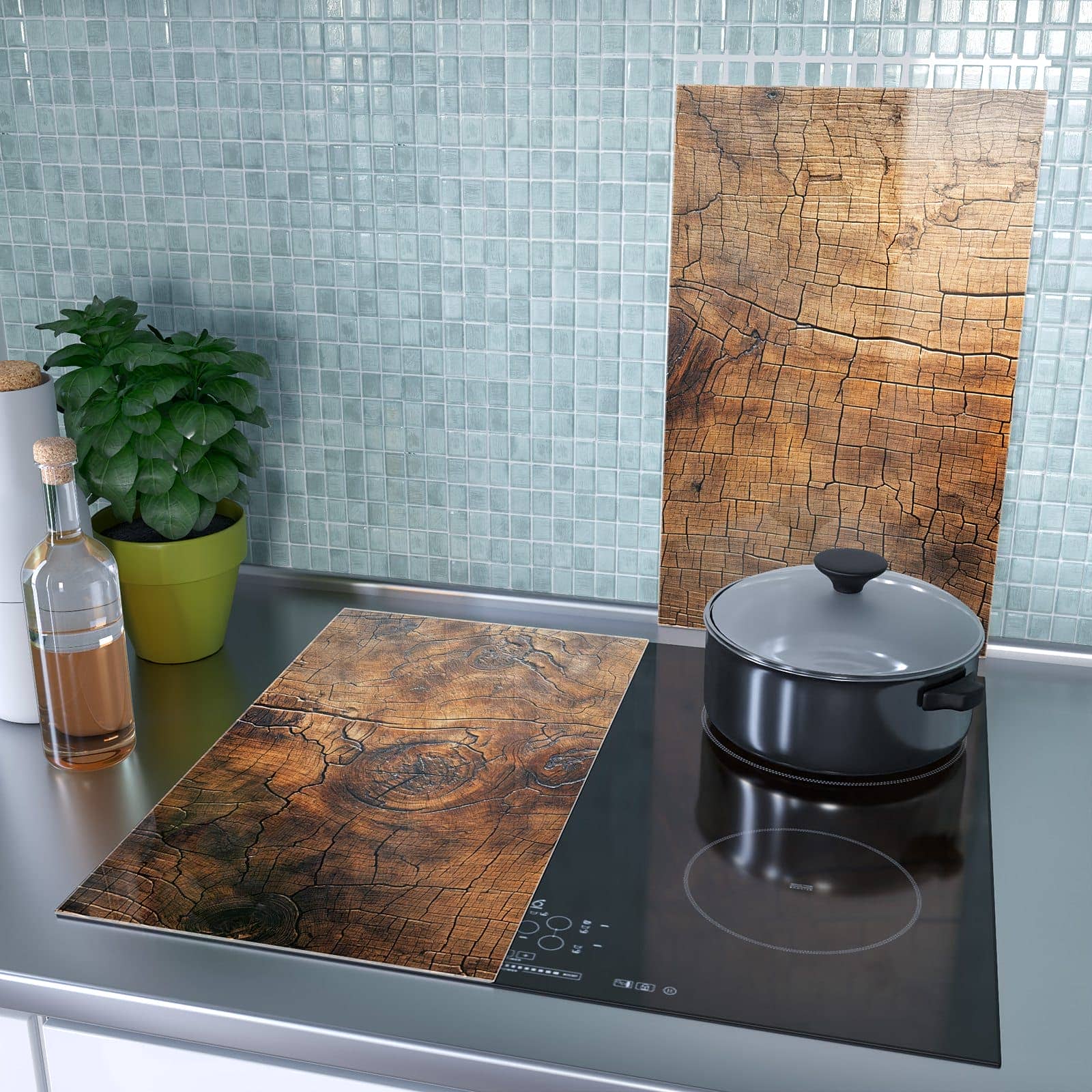2-teilige Ceranfeld Abdeckungen mit Vintage Holzmaserung-Motiv als Spritzschutz hinter dem Kochfeld