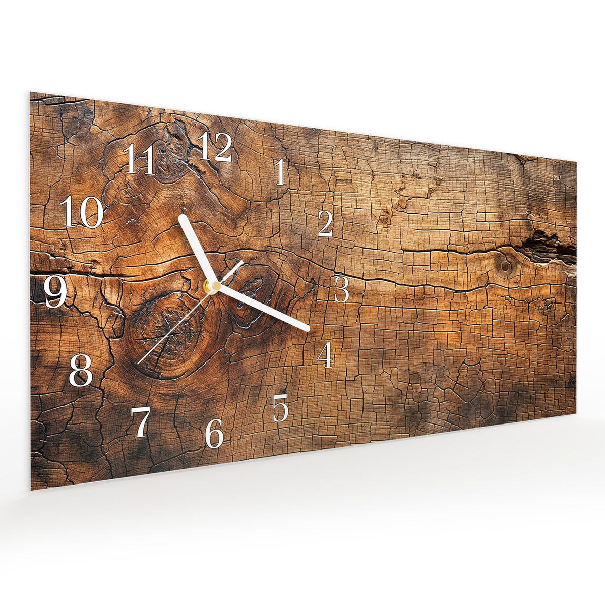 Vormontiert – mit Schwebeeffekt – Wanduhr Vintage Holzmaserung aus Glas – Querformat 60 × 30 cm