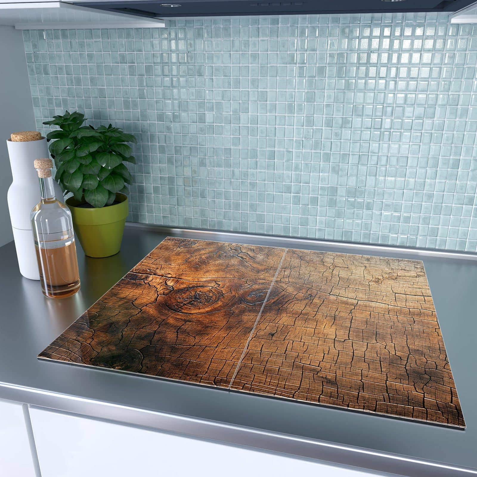 2-teilige Herdabdeckplatte mit Vintage Holzmaserung-Motiv auf dem Ceranfeld