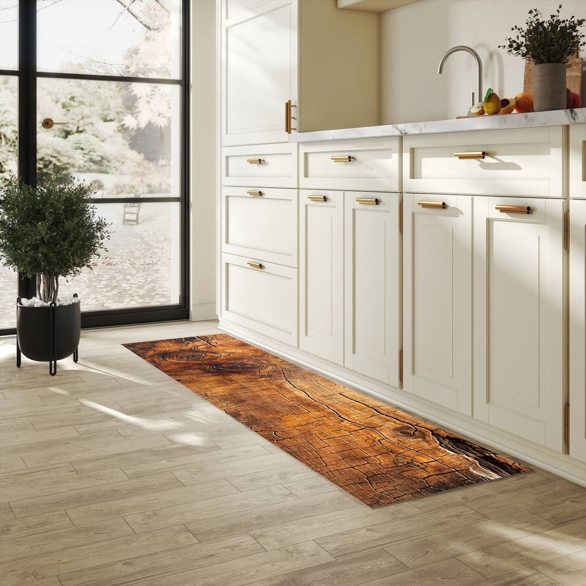 Waschbarer Küchenteppich mit Motiv Vintage Holzmaserung in heller Küche