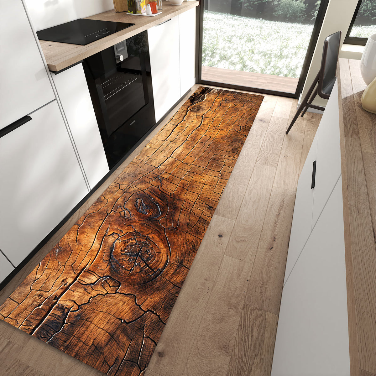 Komfortabler Küchenteppich mit Motiv Vintage Holzmaserung in moderner Küche