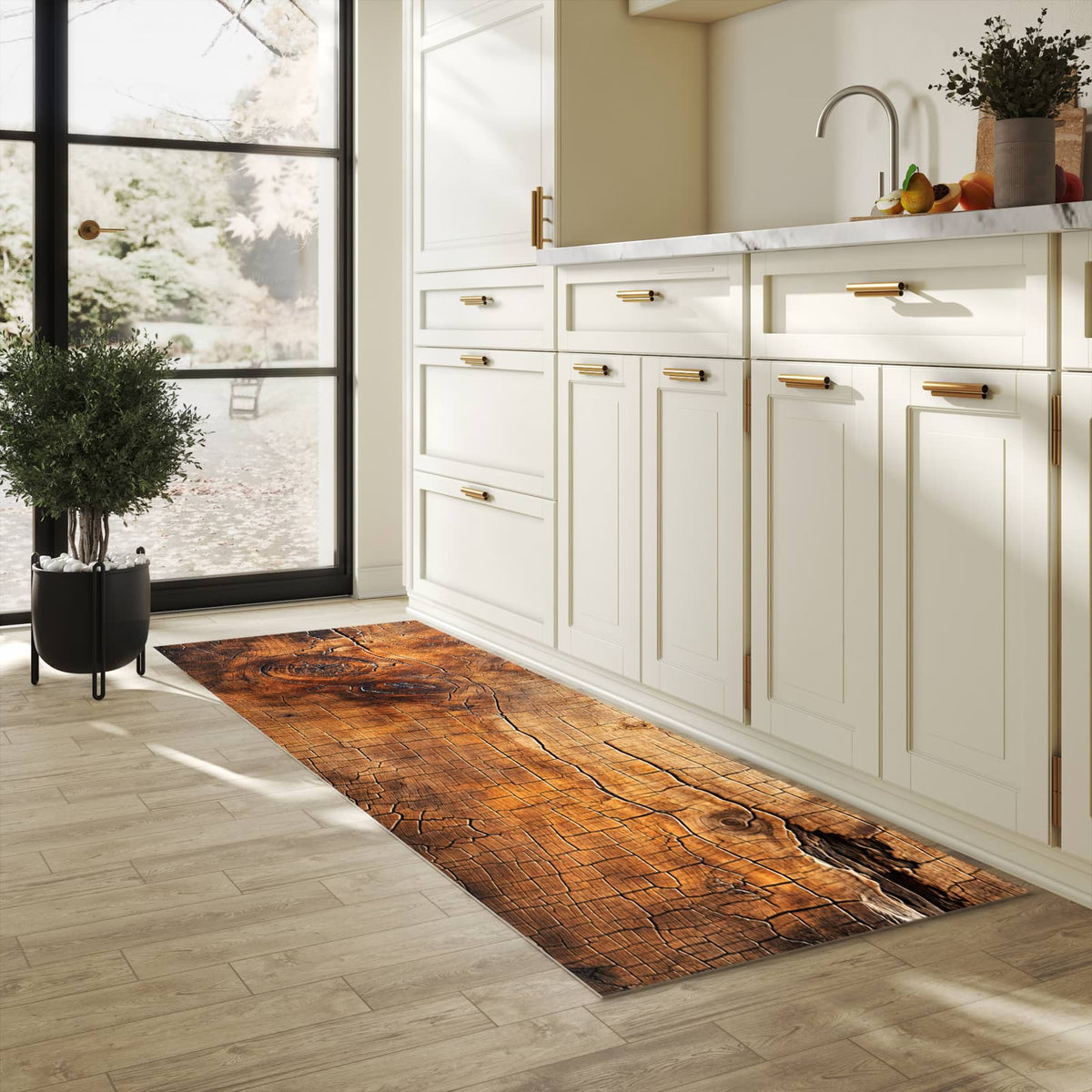 Läufer für die Küche mit Motiv Vintage Holzmaserung in heller Küche für Ordnung