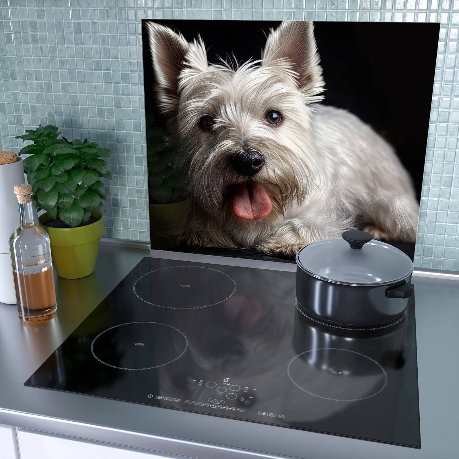 1-teilige Herdabdeckplatte mit Weisser Hund-Motiv als Spritzschutz hinter dem Kochfeld