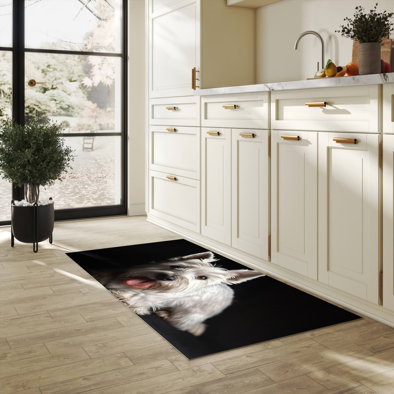 Rutschhemmender Küchenläufer mit Motiv Weisser Hund in heller Küche