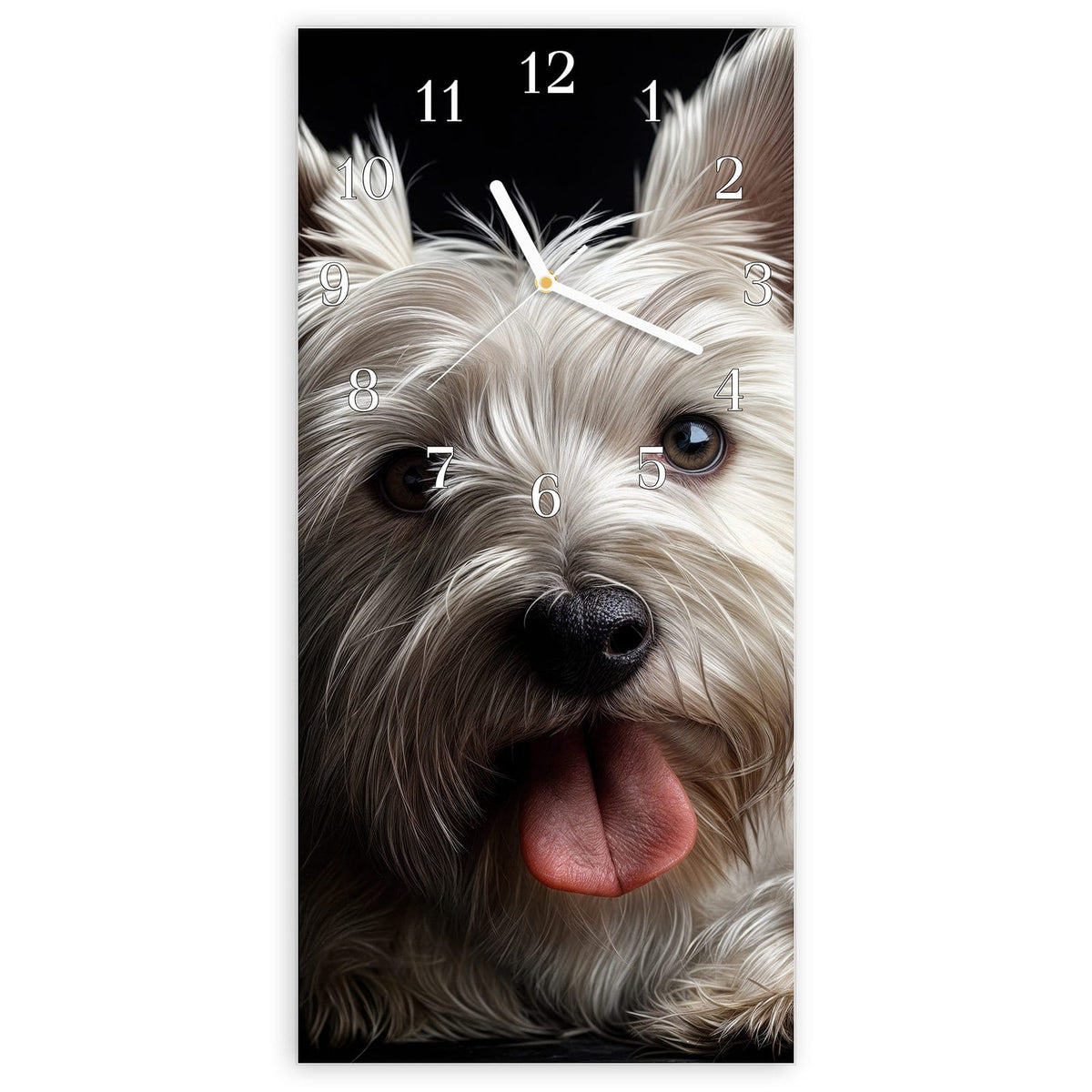 Wanduhr aus Glas, Ziffernblatt Klassisch: Weißer West-Highland-Terrier mit herausgestreckter Zunge vor schwarzem Hintergrund