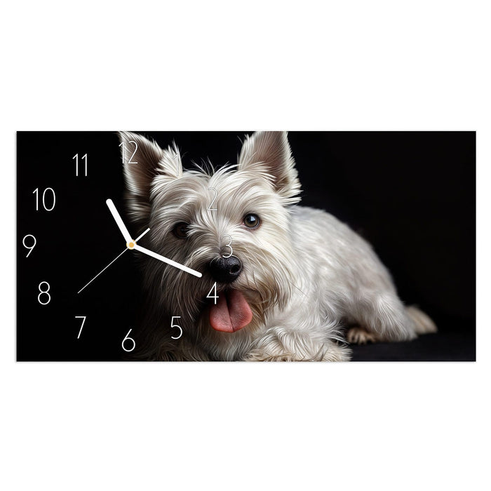Wanduhr Weisser Hund aus Glas – Querformat 60 × 30 cm mit Ziffernblatt Elegant