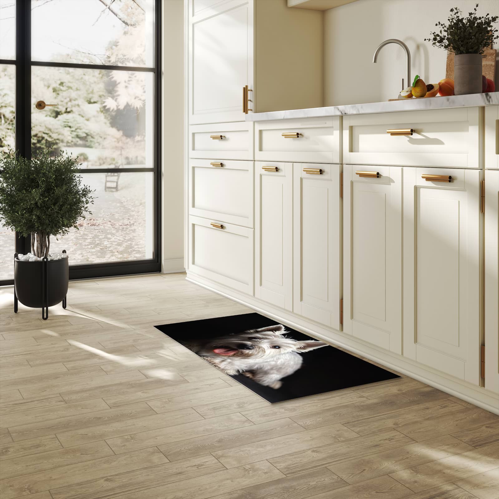 Abriebfester Küchenläufer mit Motiv Weisser Hund in heller Küche