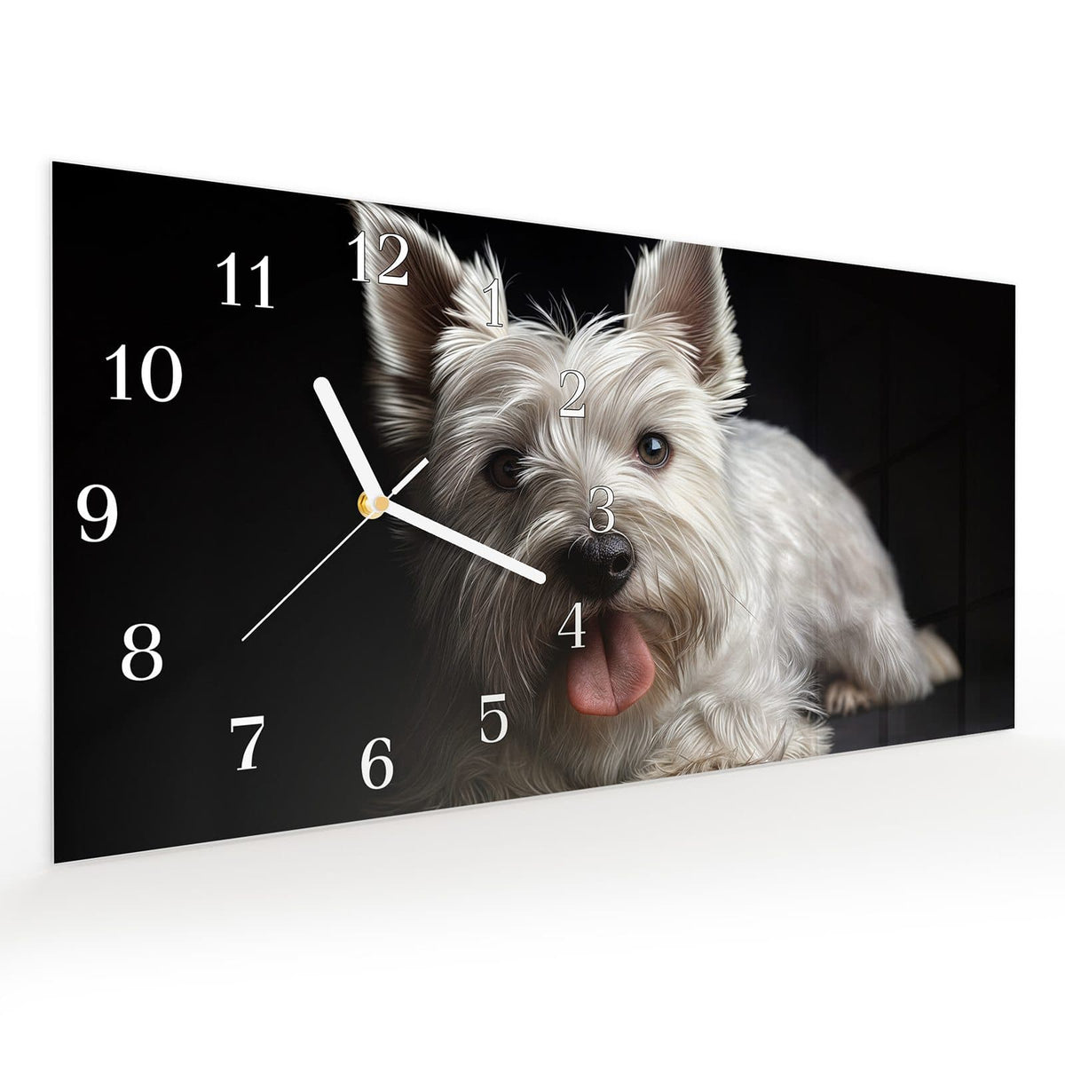 Vormontiert – mit Schwebeeffekt – Wanduhr Weisser Hund aus Glas – Querformat 60 × 30 cm