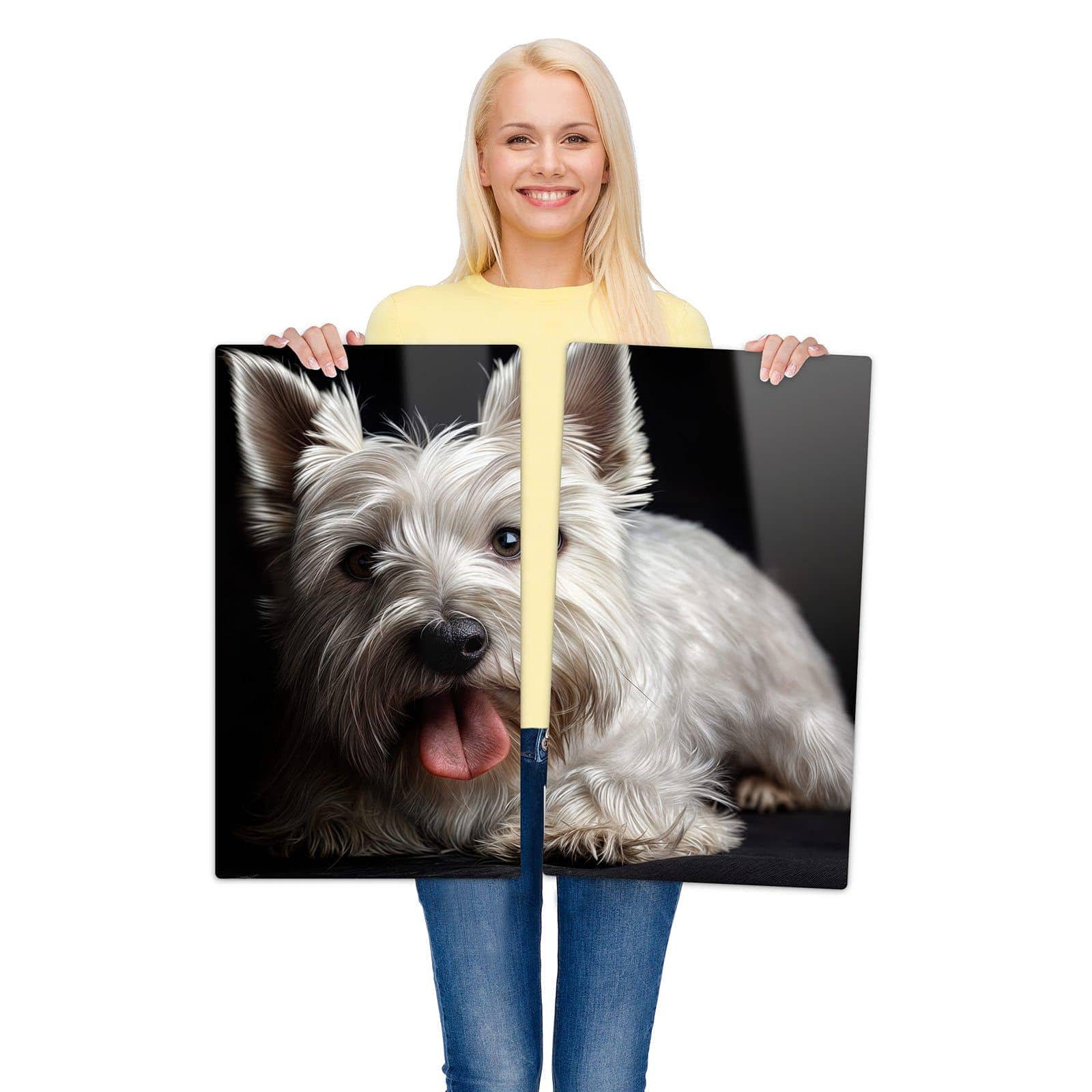 2-teilige Herdabdeckplatten aus Glas mit Weisser Hund-Motiv wird zur Größendarstellung gehalten