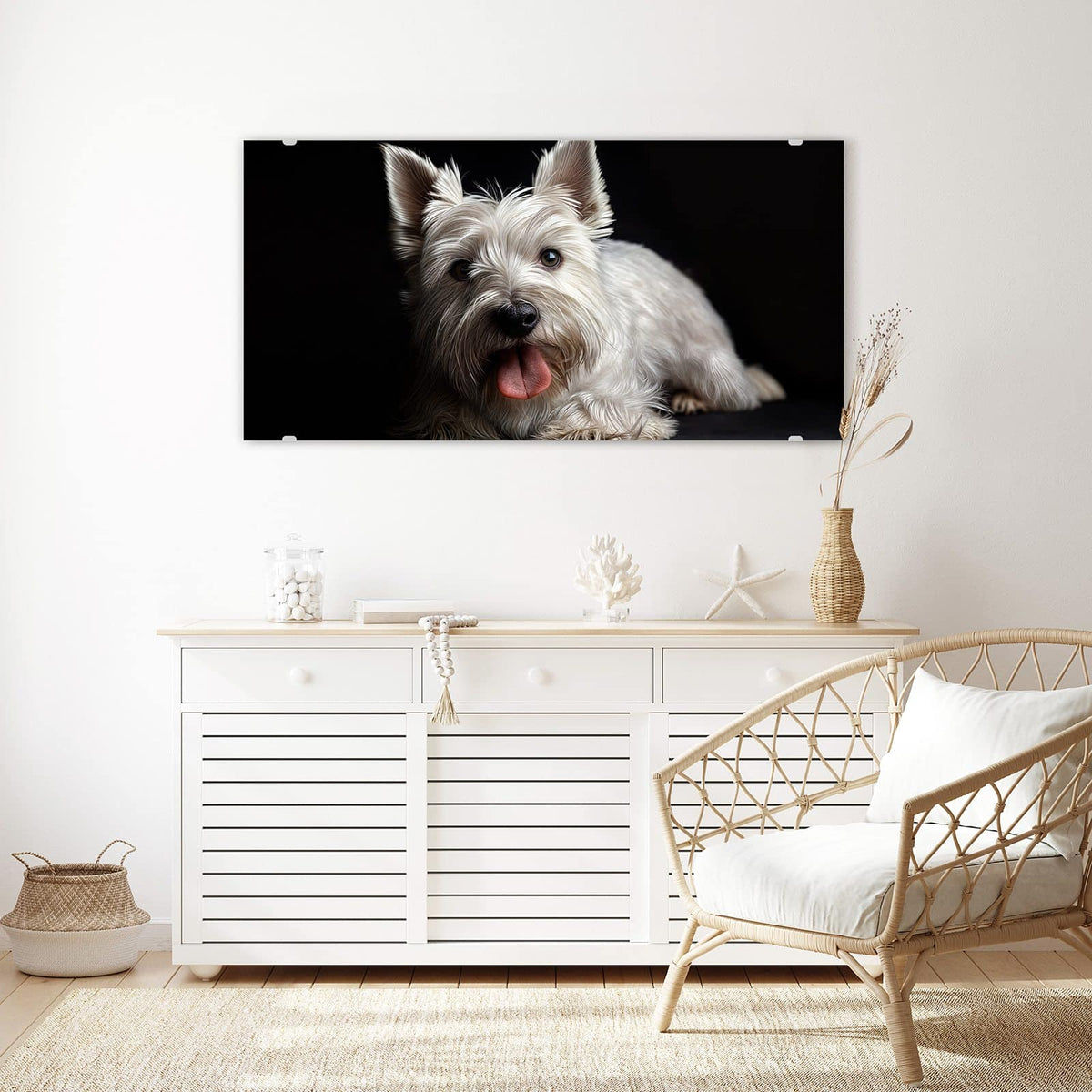 Echtglas, 4 mm – kein Acryl, keine Folie – Wandbild - Weißer Terrier - Querformat