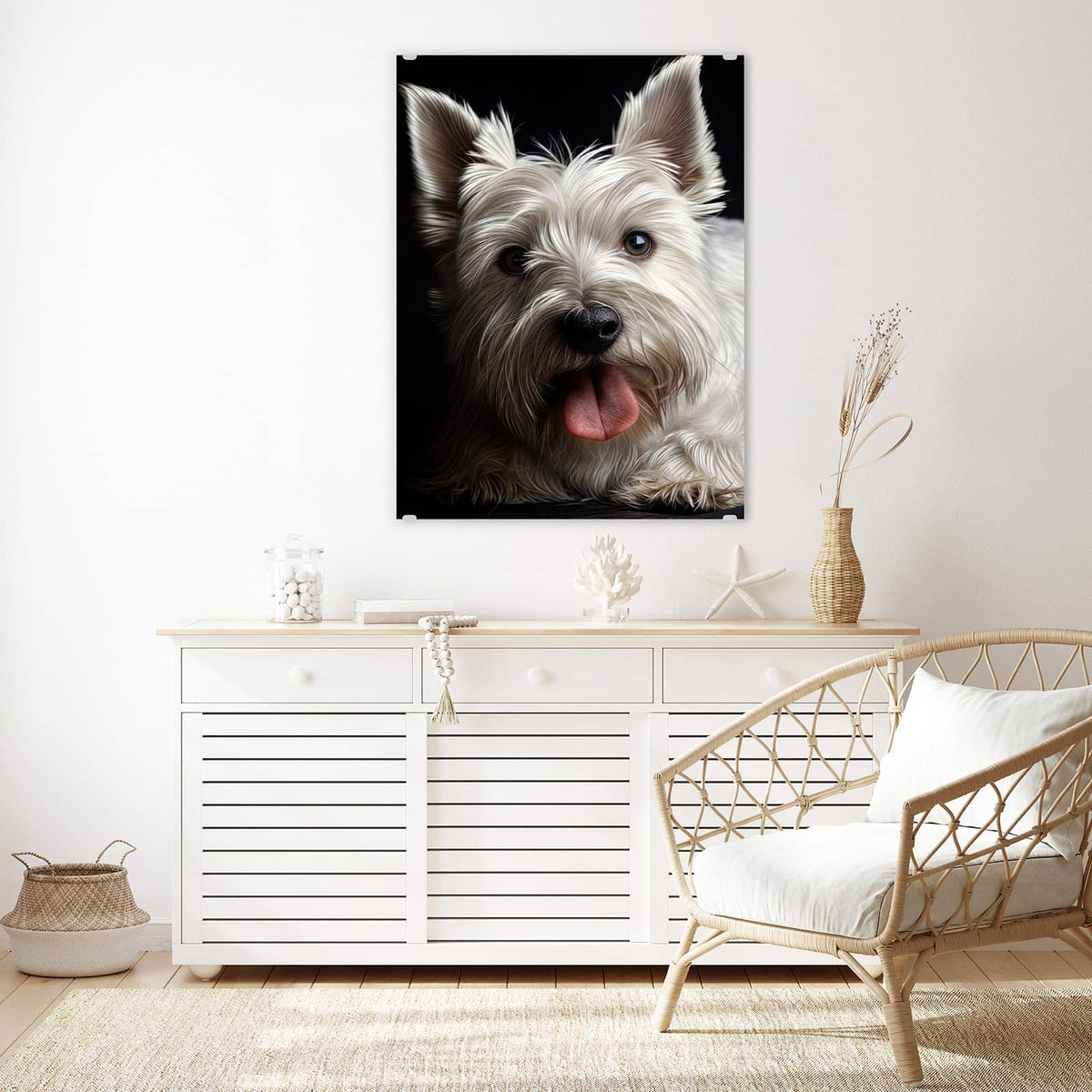 Aufhängung liegt bei – Motiv später wechselbar – Wandbild - Weißer Terrier - Hochformat