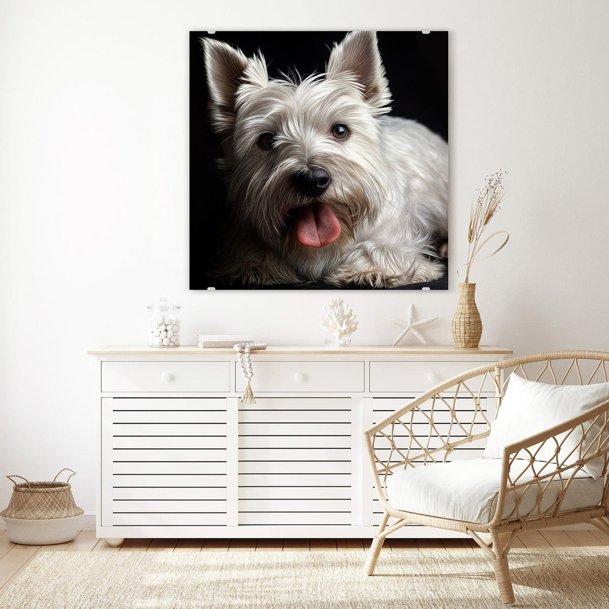 Echtglas, 4 mm – kein Acryl, keine Folie – Wandbild - Weißer Terrier - Quadratisch