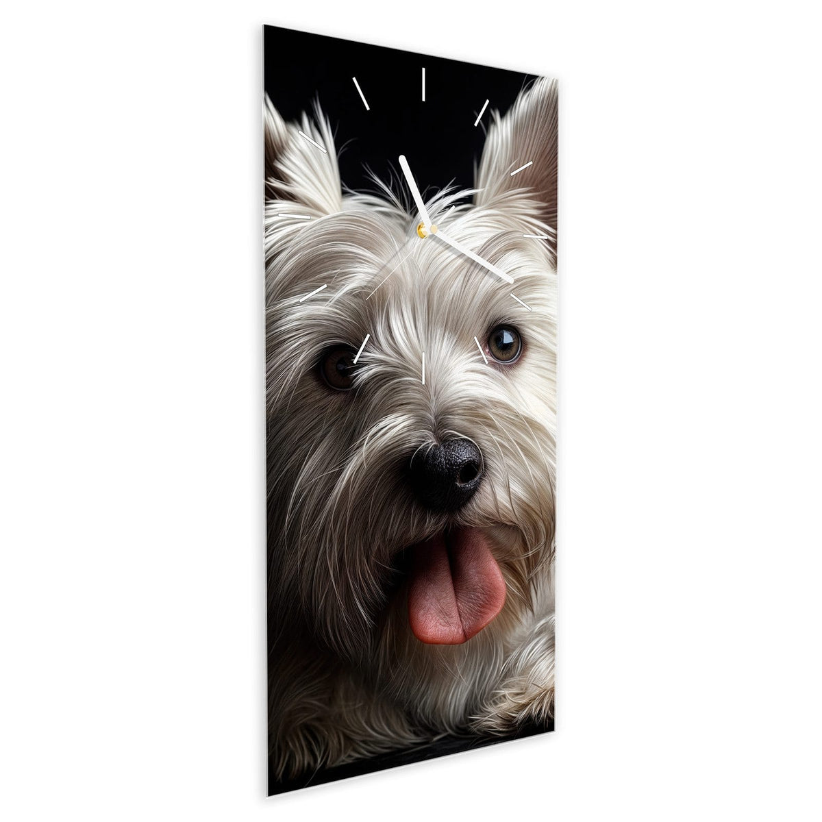 Wanduhr aus Glas im Hochformat Weißer Terrier schräg von der Seite, 4 mm starkes Glas