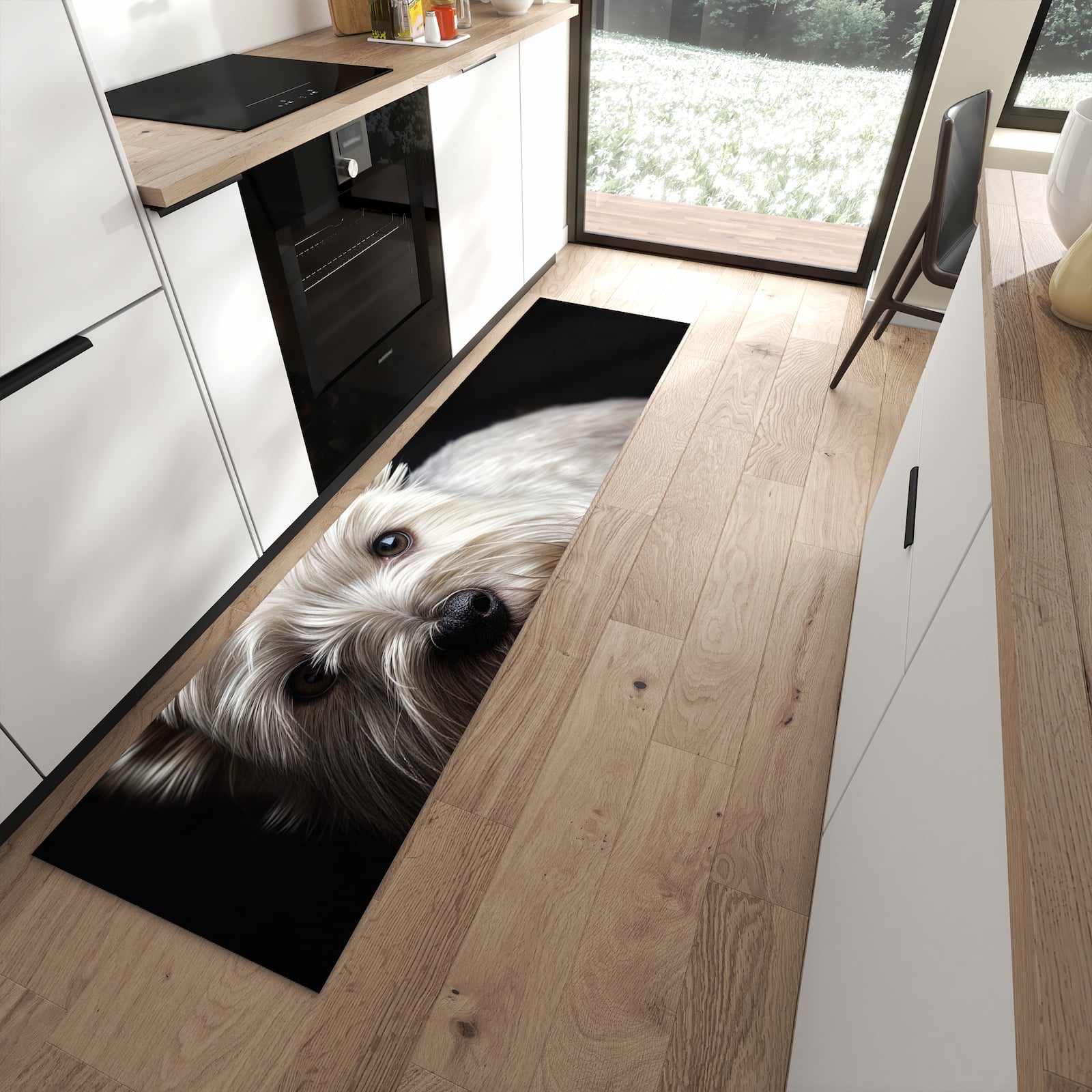 Komfortabler großer Küchenteppich mit Motiv Weisser Hund in moderner Küche